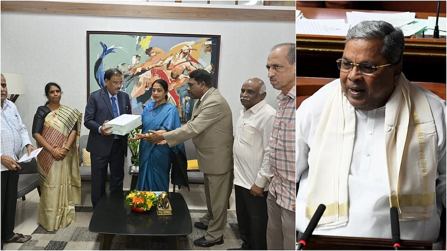 <div class="paragraphs"><p>Chief Secretary Shalini Rajneesh receives the judicial panel report on MUDA from P N Desai (L), Karnataka CM Siddaramaiah.&nbsp;</p></div>