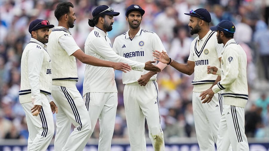 <div class="paragraphs"><p>India players celebrate the dismissal of England's Gus Atkinson during the second day of the fifth Test cricket match between India and England, at The Oval, in London, Friday, Aug. 1, 2025.</p></div>