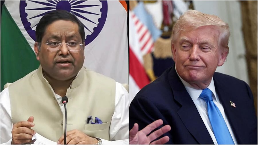 <div class="paragraphs"><p>MEA spokesperson Randhir Jaiswal(L), US President Donald Trump</p></div>