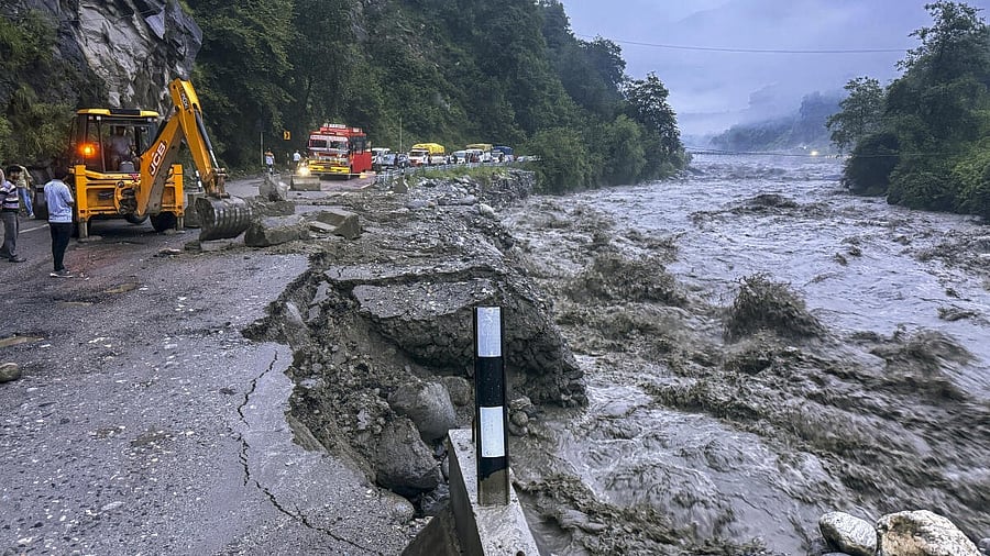 <div class="paragraphs"><p>Restoration work underway after a portion of a road was washed away due to an increase in the water level of the Beas river following heavy rains, near Manali in Kullu district, Himachal Pradesh.</p></div>
