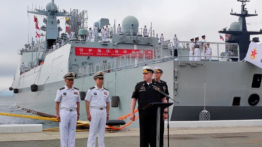 <div class="paragraphs"><p>Russian and Chinese naval officers take part in a ceremony marking the start of the upcoming joint naval drills in the Sea of Japan, following the arrival of Chinese military vessels in Vladivostok, Russia.</p></div>