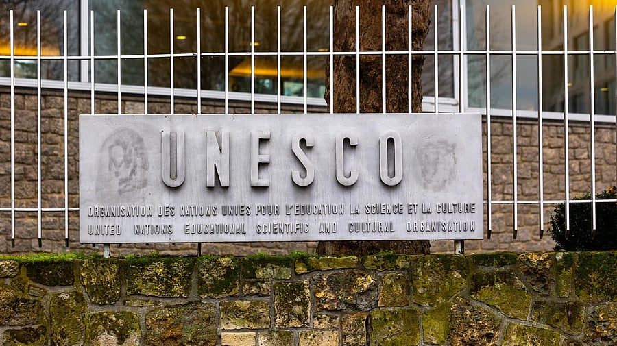<div class="paragraphs"><p>The logo of the UNESCO on fence of the United Nations Educational, Scientific and Cultural Organization (UNESCO) headquarters is located in Paris France.</p></div>