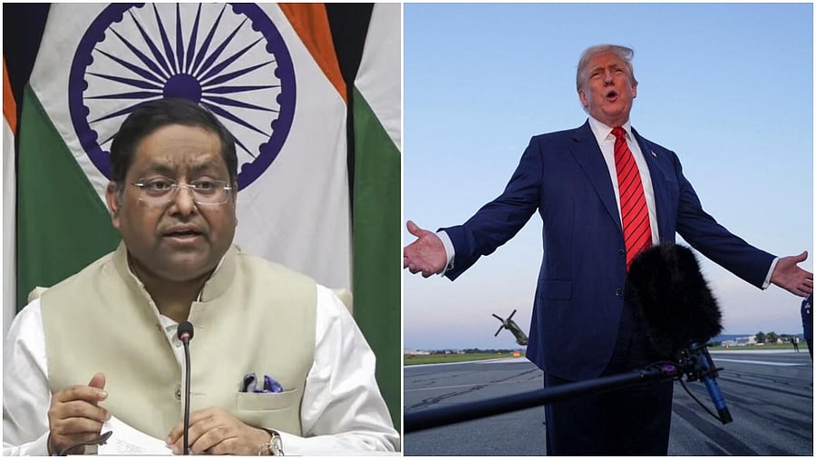 <div class="paragraphs"><p>MEA spokesperson Randhir Jaiswal(L), US President Donald Trump</p></div>