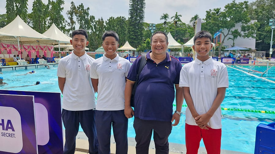 <div class="paragraphs"><p>Manipur swimmers (from left) Hemanshu Nahakpam, Maisnam Arindham Singh, manager Jekel Singh and Koijam Athoiba Singh at the BAC on Tuesday. </p></div>