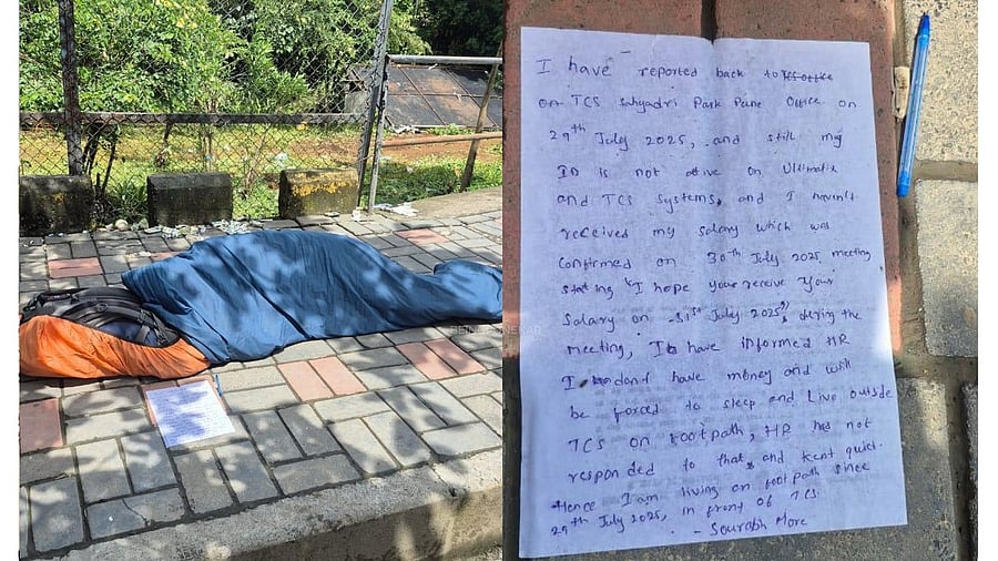 <div class="paragraphs"><p>The employee sleeping outside TCS office in Pune</p></div>
