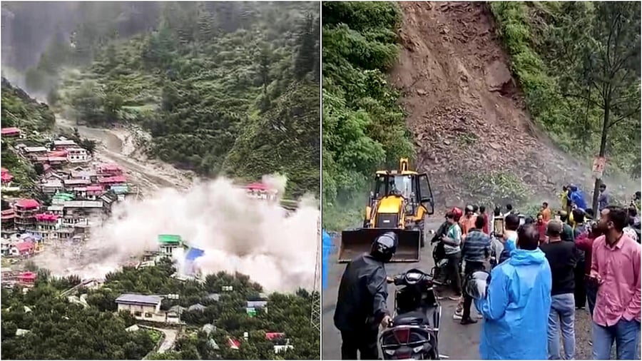 <div class="paragraphs"><p>Houses being swept away in a flash flood triggered by a cloudburst at Dharali, in Uttarkashi district(L),&nbsp;A excavator being used to clear debris from the Nainital-Haldwani road after landslide</p></div>