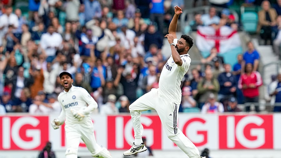 <div class="paragraphs"><p>India's Mohammed Siraj celebrates after taking the wicket of England's Gus Atkinson during the fifth day of the fifth Test match between India and England, at The Oval cricket ground, in London, England, Monday, Aug. 4, 2025.</p></div>