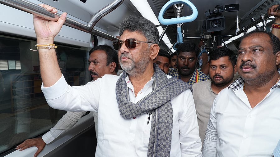 <div class="paragraphs"><p>Deputy Chief Minister DK Shivakumar and local MLAs during a trial ride on the Yellow Line on Tuesday. </p></div>