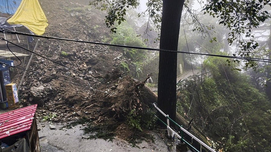 <div class="paragraphs"><p>Debris and uprooted trees block a road after a landslide triggered by heavy rains, at Jakhu area in Shimla, Tuesday, Aug. 5, 2025.</p></div>