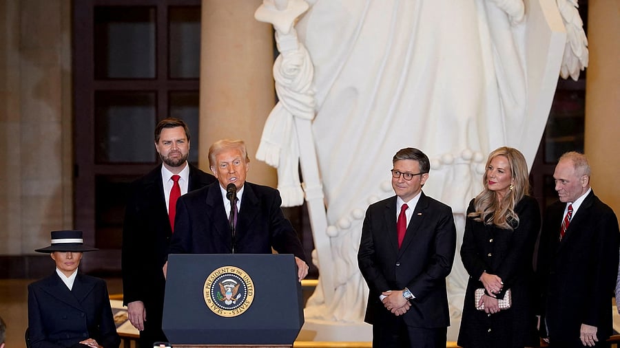 <div class="paragraphs"><p>US President Donald Trump speaks during the 60th presidential inauguration in Emancipation Hall of the US Capitol in Washington, DC, US, on Monday, Jan. 20, 2025. </p></div>