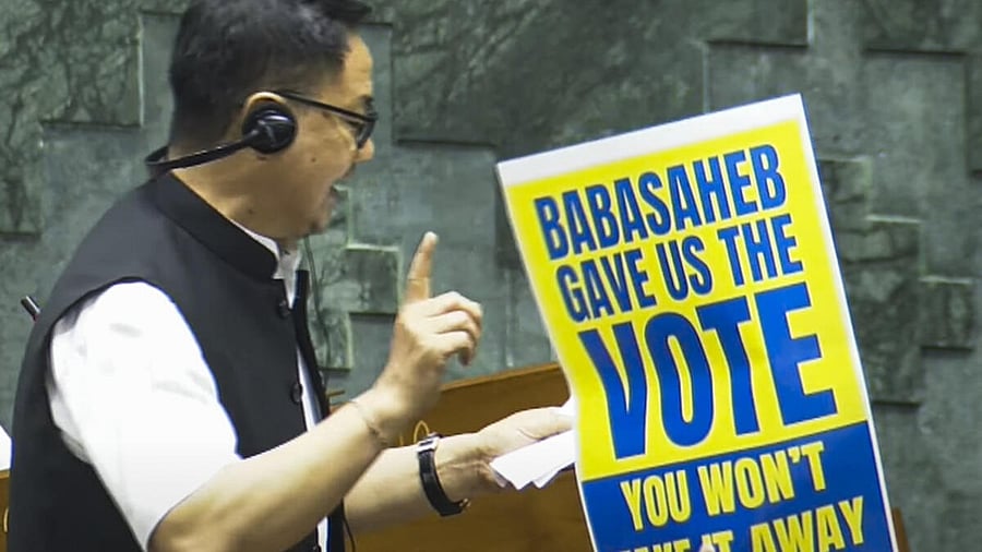 <div class="paragraphs"><p>Union Minister Kiren Rijiju speaks in the Lok Sabha during the Monsoon session of Parliament, in New Delhi, Wednesday, Aug. 6, 2025. Rijiju on Wednesday asserted that a discussion on the Special Intensive Revision exercise in Bihar cannot take place in the Lok Sabha as the matter is pending before the Supreme Court.</p></div>