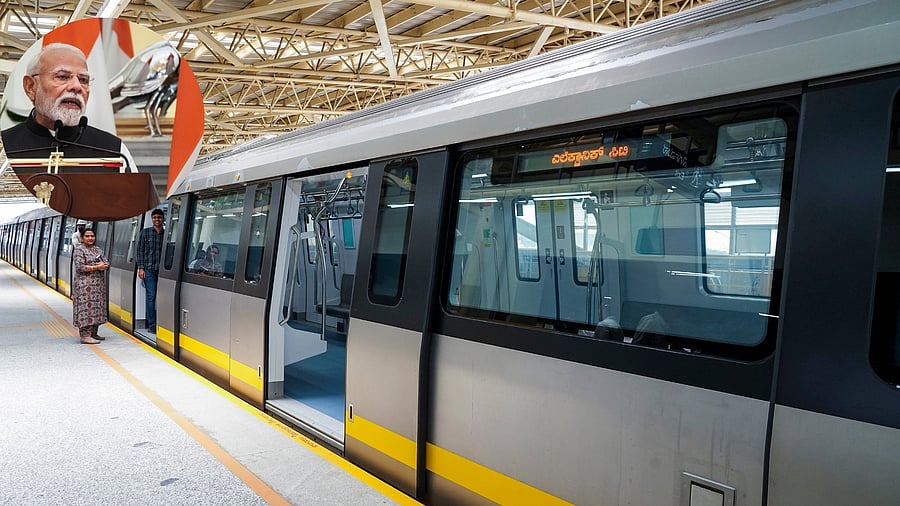 <div class="paragraphs"><p>A Namma Metro Yellow Line train. Inset: PM Narendra Modi.</p></div>