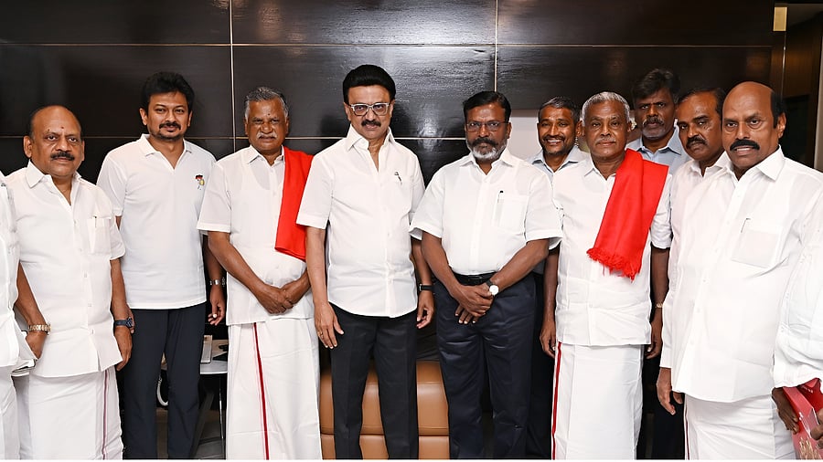 <div class="paragraphs"><p>P Shanmugam and R Mutharasan – state secretaries of CPI (M) and CPI respectively – and VCK chief Thol Thirumavalavan met Chief Minister M K Stalin on Wednesday. </p></div>