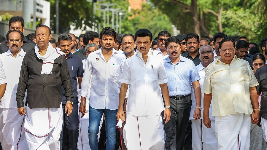 <div class="paragraphs"><p>Chennai: Tamil Nadu Chief Minister MK Stalin and other DMK leaders carry out a peace march to Karunanidhi Memorial on the 5th death anniversary of former CM M Karunanidhi, in Chennai, Monday, Aug. 7.</p></div>