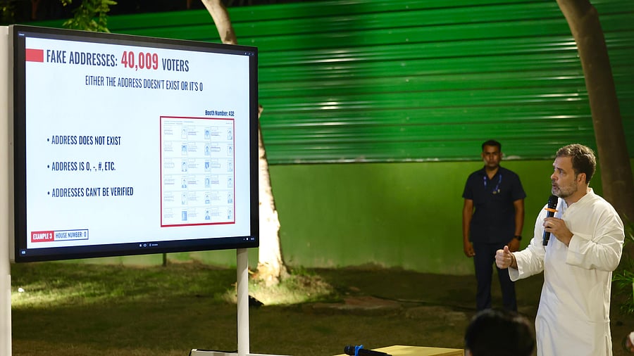 <div class="paragraphs"><p>Rahul Gandhi during a briefing to I.N.D.I.A. leaders over voter theft allegations.&nbsp;</p></div>