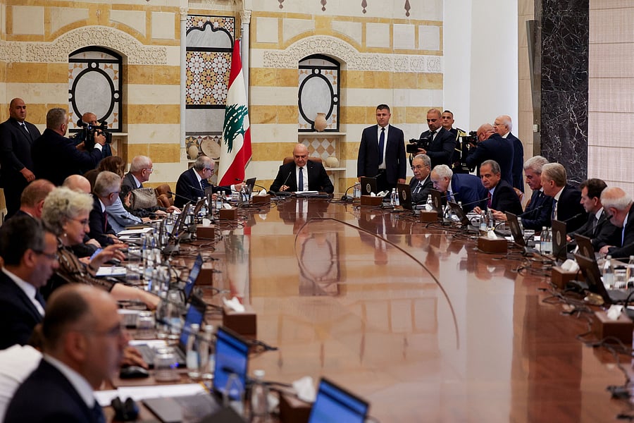 <div class="paragraphs"><p>Lebanese President Joseph Aoun, Lebanese Prime Minister Nawaf Salam and members of the Lebanese cabinet meet to discuss efforts to bring all weapons in the country under the control of the state, at the Presidential Palace in Baabda, Lebanon August 5, 2025.</p></div>