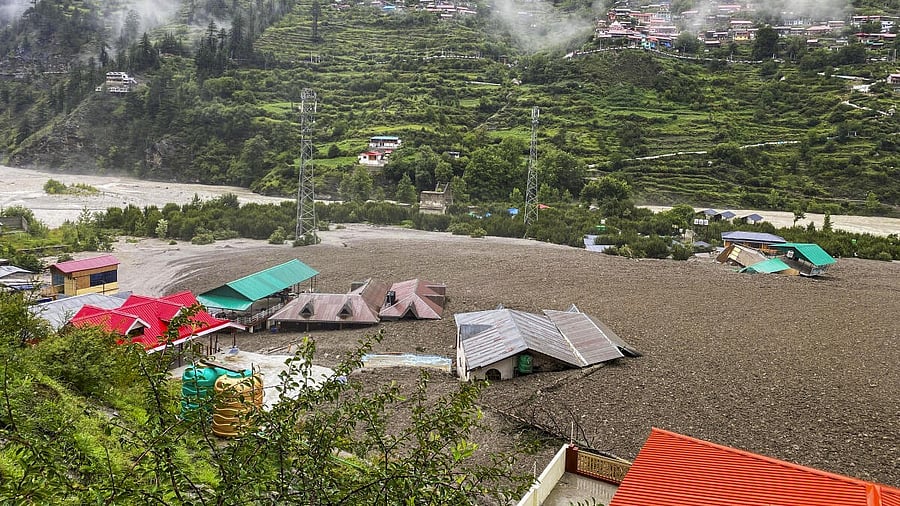 <div class="paragraphs"><p>An affected area following flash floods triggered by a cloudburst at Dharali region, in Uttarkashi district of Uttarakhand, Thursday, Aug. 7, 2025.</p></div>