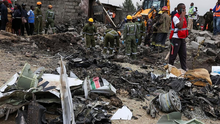 <div class="paragraphs"><p>Emergency personnel work at the scene where a Cessna plane operated by AMREF Flying Doctors crashed into buildings in the Githurai suburb of northeastern Nairobi, Kenya, August 7, 2025. The aircraft, carrying four passengers, was en route to Hargeisa, the capital of Somalia's breakaway territory of Somaliland.</p></div>