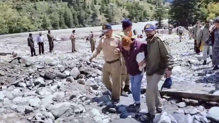 <div class="paragraphs"><p>Search and rescue operation underway following flash floods triggered by a cloudburst, at Dharali, in Uttarkashi, Thursday, Aug. 7, 2025.</p></div>