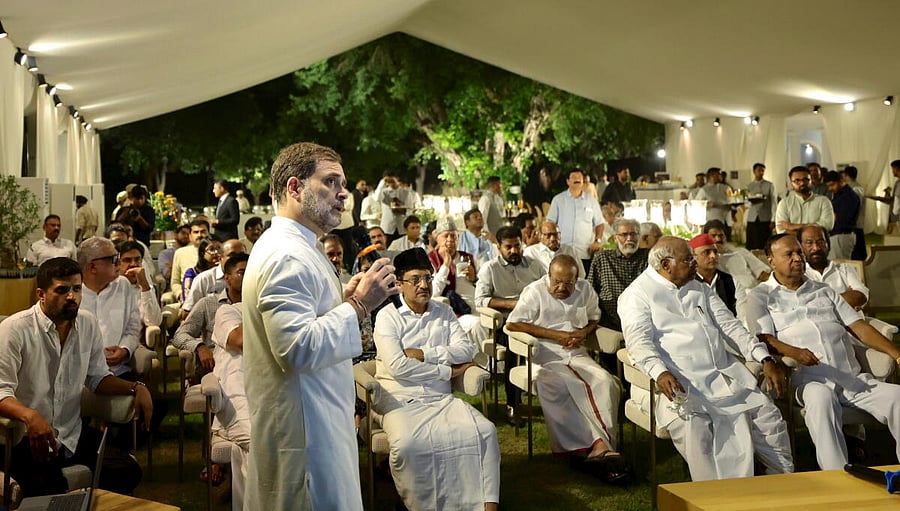 <div class="paragraphs"><p>LoP in the Lok Sabha and Congress leader Rahul Gandhi briefs INDIA bloc leaders regarding his allegations of 'voter fraud', in New Delhi. </p></div>