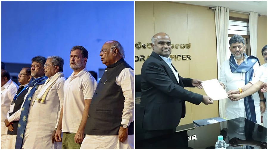 <div class="paragraphs"><p>Mallikarjun Kharge, Rahul Gandhi, Karnataka CM Siddaramaiah Deputy Chief Minister DK Shivakumar at ongress Vote Adhikar Rally in Bengaluru(L), DKS petitions Chief Electoral Officer V Anbukumar.</p></div>