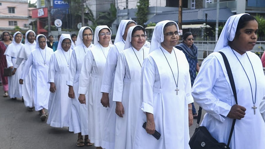 <div class="paragraphs"><p>People from the Christian community take part in a march against the recent arrest of two Kerala nuns in Chhattisgarh, in Kozhikode, Kerala, Sunday, Aug. 3, 2025.</p></div>