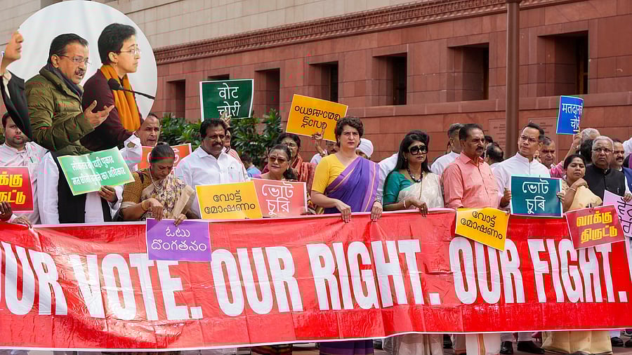 <div class="paragraphs"><p>Opposition MPs protest against the Bihar SIR in the Parliament premises during the ongoing Monsoon Session. (Inset: AAP supremo Arvind Kejriwal with ex-Delhi CM Atishi).</p></div>