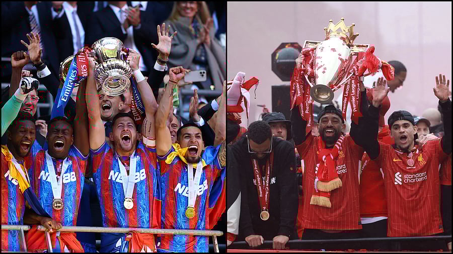 <div class="paragraphs"><p>Image showing Crystal Palace and Liverpool players celebrating with the FA Cup and Premier League trophies respectively.</p></div>