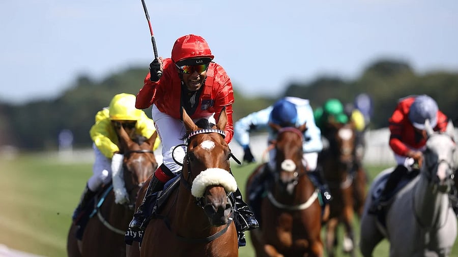 <div class="paragraphs"><p>Indian jockey and Asian team captain Suraj Narredu steers&nbsp;Fireblade to victory in the&nbsp;Dubai Duty Free Shergar Cup Stayers race at the&nbsp;Ascot Racecourse&nbsp;in England on Saturday. </p></div>