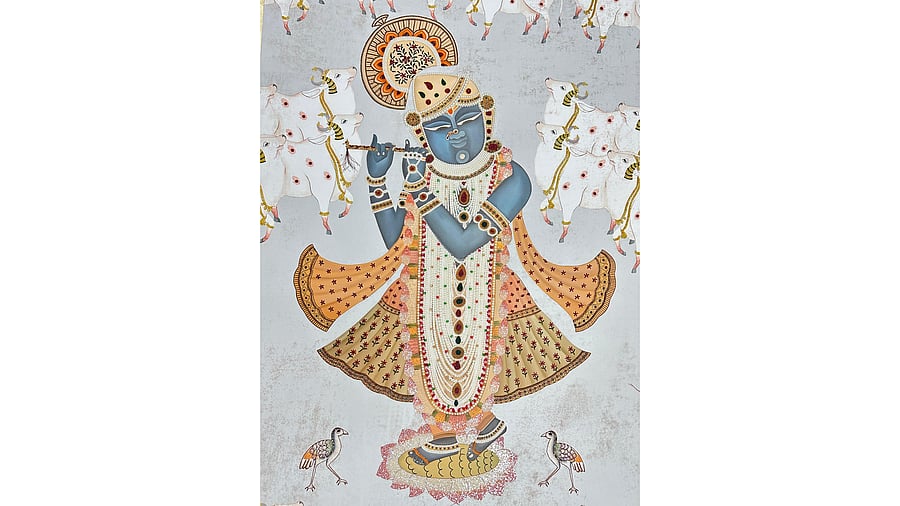 <div class="paragraphs"><p>An embroidered wallpaper with silk threads, cutdana, antique beads and touches of gold. </p></div>