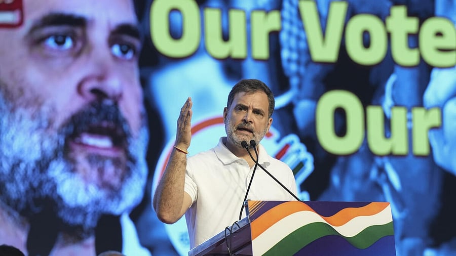 <div class="paragraphs"><p>Congress leader and LoP in Lok Sabha Rahul Gandhi addresses the party's 'Vote Adhikar Rally', in Bengaluru.</p></div>