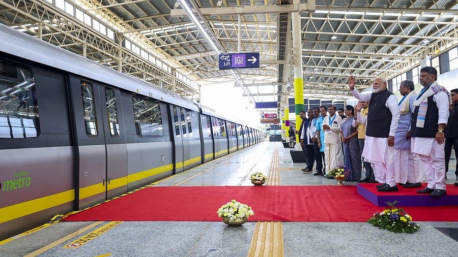 <div class="paragraphs"><p>In this image released by DPR PMO on Aug. 10, 2025, Prime Minister Narendra Modi during the flag-off ceremony of the Yellow Line of Namma Metro, in Bengaluru. Karnataka Chief Minister Siddaramaiah and state Deputy Chief Minister DK Shivakumar also present.</p></div>