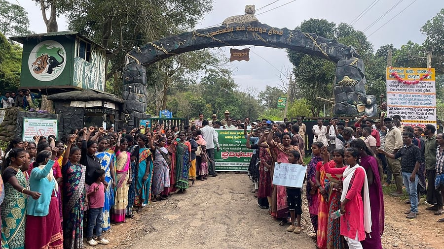 Indigenous people stage a protest against denial of forest rights at the Nanachi forest gate, Nagarahole Tiger Reserve.