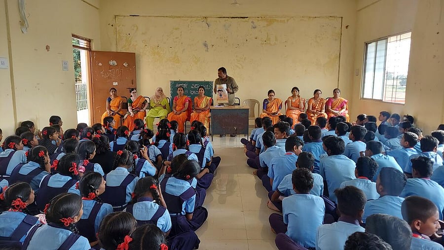 Master trainers create awareness among children about sexual abuse at a school in Kalaburagi district. PowerPoint presentations, charts and other material are used to teach students about safe and unsafe touch.