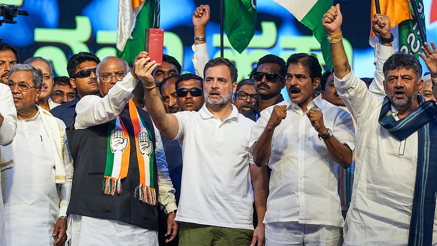 <div class="paragraphs"><p>Congress President Mallikarjun Kharge, LoP in Lok Sabha Rahul Gandhi, Karnataka Chief Minister Siddaramaiah, Deputy Chief Minister D K Shivakumar and AICC General Secretary K C Venugopal during the party's 'Vote Adhikar Rally', at Freedom Park in Bengaluru, Friday, Aug. 8, 2025.</p></div>