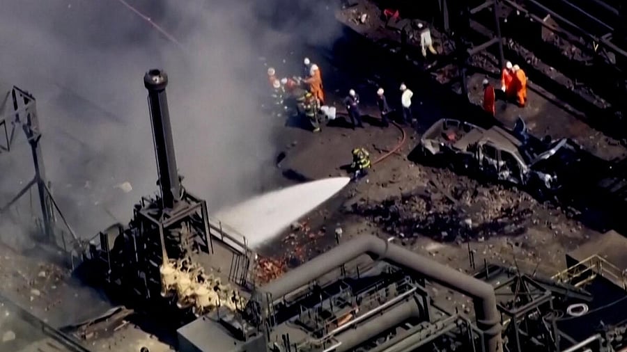 <div class="paragraphs"><p>Firefighters spray water on the site of an explosion at US Steel's Clairton Coke Works plant in Clairton, Pennsylvania, US.</p></div>