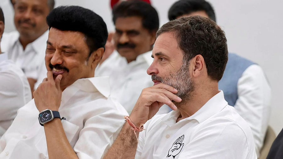 <div class="paragraphs"><p>Congress leader Rahul Gandhi and DMK leader MK Stalin at the I.N.D.I.A. bloc leaders meeting.</p></div>