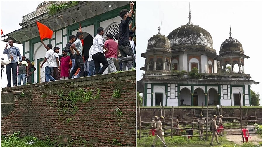 <div class="paragraphs"><p>Members of Hindu right-wing outfits allegedly created ruckus at a mausoleum, in Fatehpur(L), security personnel keep vigil outside a mausoleum</p></div>
