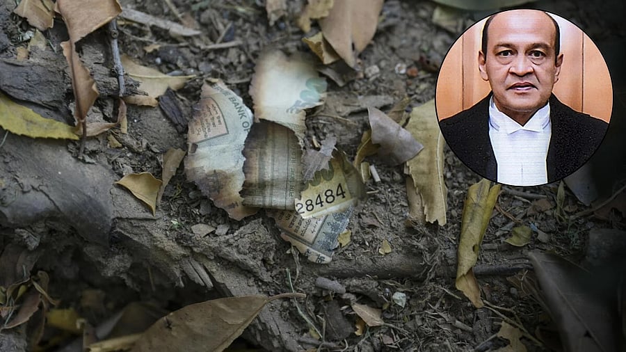 <div class="paragraphs"><p>Burnt pieces of a currency note seen among debris near the residence of Delhi High Court judge Justice Yashwant Varma (inset)</p></div>
