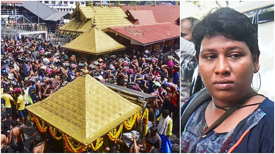 <div class="paragraphs"><p>The Sabarimala temple, in Pathanamthitta district in Kerala (L), Activist Bindu Ammini, who had entered the hill temple in 2019 first.</p></div>