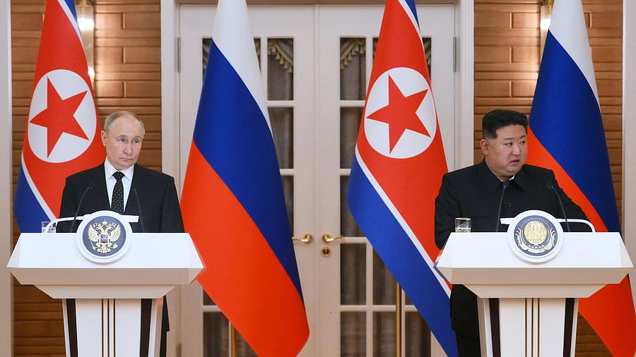 <div class="paragraphs"><p>Russia's President Vladimir Putin and North Korea's leader Kim Jong Un attend a press conference following their talks in Pyongyang, North Korea </p></div>
