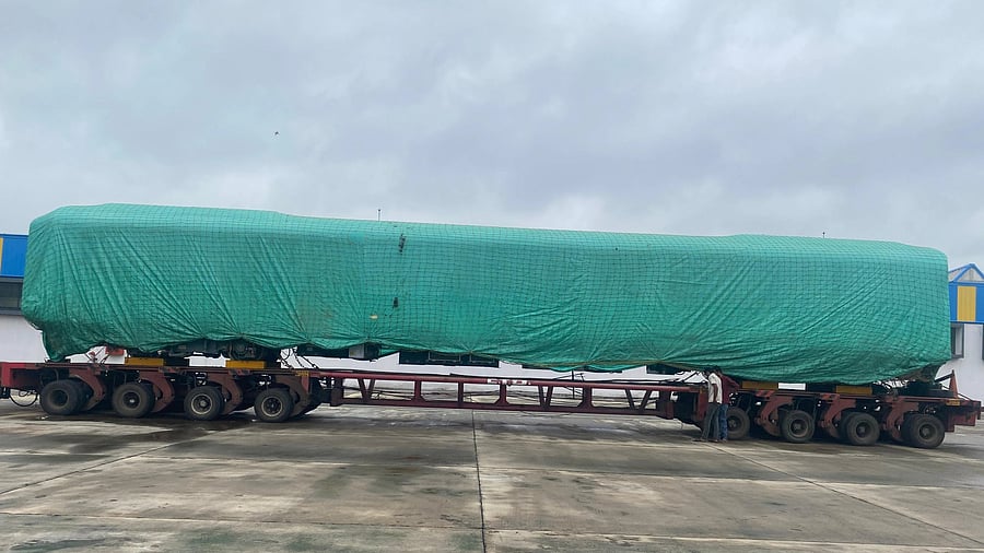 <div class="paragraphs"><p>The coach for the Yellow Line's fourth trainset at the Hebbagodi depot on Wednesday. The remaining five coaches are expected in two to three days. </p></div>