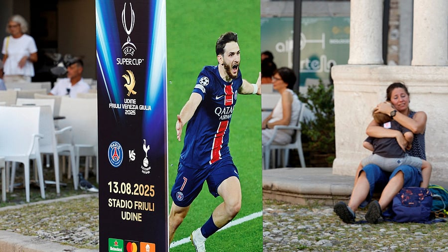<div class="paragraphs"><p>A UEFA Super Cup advertisement for the match is displayed in Udine with an image of PSG's Khvicha Kvaratskhelia, August 12, 2025.</p></div>