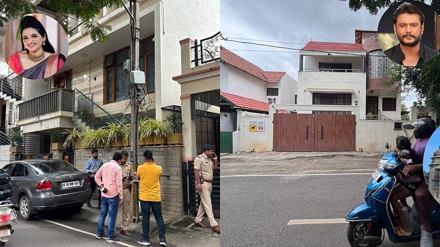 <div class="paragraphs"><p>Scenes outside Pavithra Gowda (left) and Darshan's residences.</p></div>