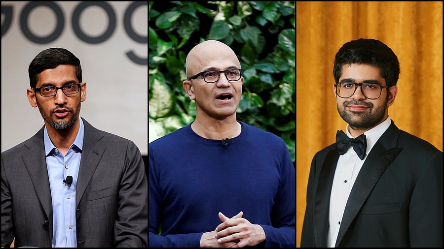 <div class="paragraphs"><p>Google CEO Sundar Pichai (L), Microsoft CEO Satya Nadella (C), and Perplexity CEO Aravind Srinivas (R).</p></div>