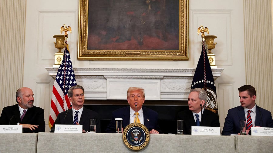 <div class="paragraphs"><p> US President Donald Trump speaks as Crypto czar David Sacks, US Treasury Secretary Scott Bessent, US Commerce Secretary Howard Lutnick, and Executive Director of the Presidential Council of Advisers for Digital Assets Bo Hines attend the White House Crypto Summit </p></div>