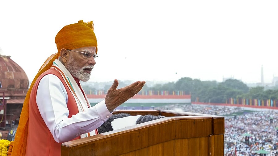 <div class="paragraphs"><p>Prime Minister Narendra Modi addresses the nation from the Red Fort on the occasion of the 79th Independence Day, in New Delhi, Friday, Aug. 15, 2025.</p></div>