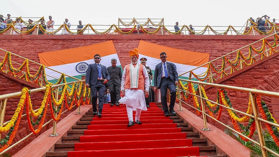 <div class="paragraphs"><p>In this image released by @BJP4India via X on Aug. 15, 2025, Prime Minister Narendra Modi during the 79th Independence Day celebration, at the Red Fort, in New Delhi.</p></div>