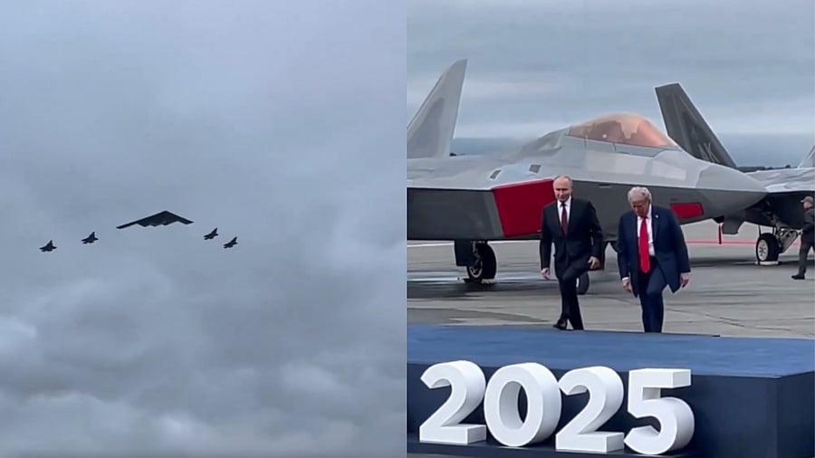 <div class="paragraphs"><p>Screengrab: B-2 Bomber & fighter jets fly as Trump and Putin walk at Alaska's military base.</p></div>