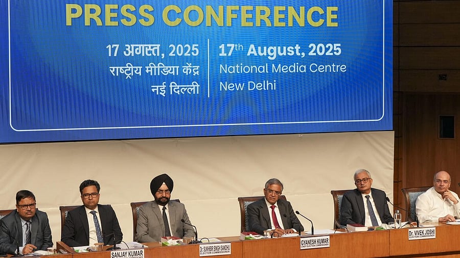 <div class="paragraphs"><p>Chief Election Commissioner Gyanesh Kumar with Election Commissioners Sukhbir Singh Sandhu and Vivek Joshi addresses a press conference, in New Delhi, Sunday, Aug. 17, 2025.</p></div>